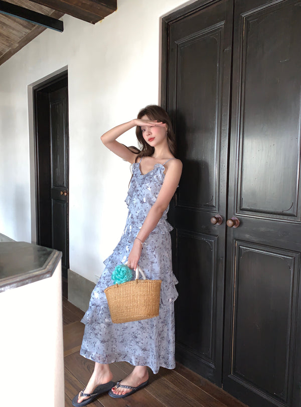 Shiny Floral Pattern Ruffle Maxi Cami Dress