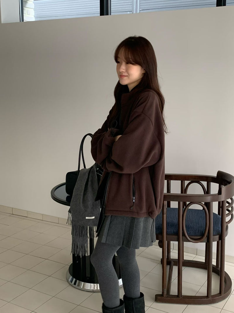High Neck Oversized Fleece Jacket with Drawstrings