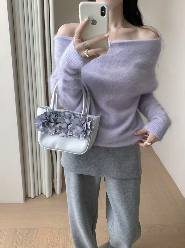 Fold Over Off Shoulder Wool Sweater