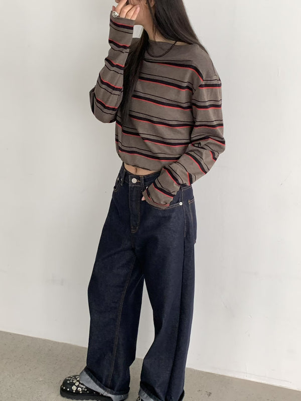 Drop Shoulder Brown and Red Stripe Sweatshirt