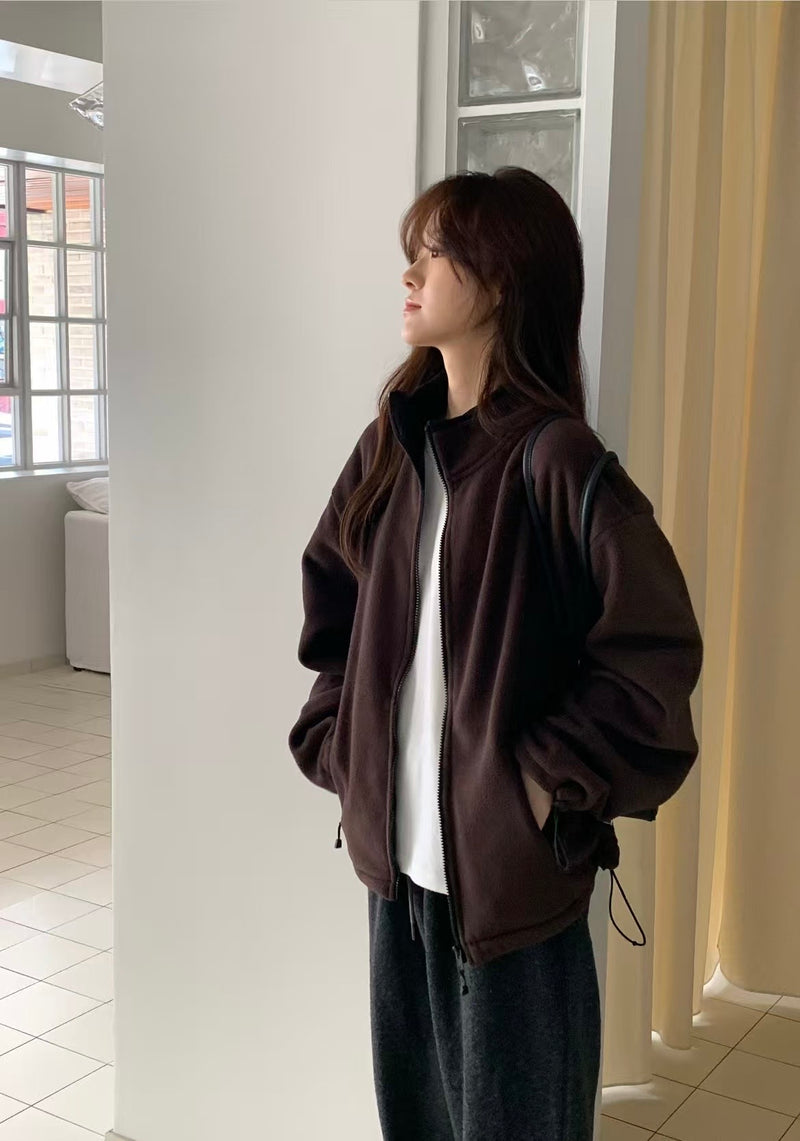 High Neck Oversized Fleece Jacket with Drawstrings
