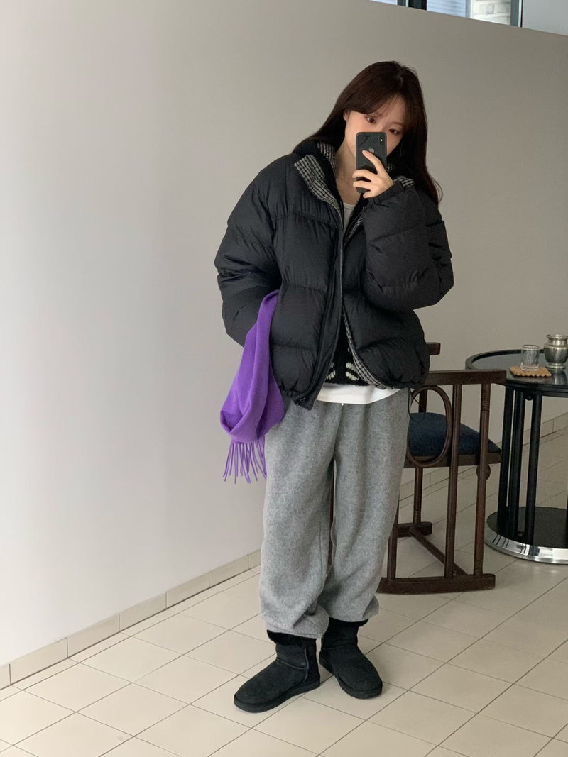 Reversible Checker Down Jacket with Drawstring