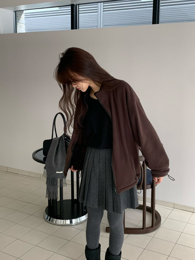 High Neck Oversized Fleece Jacket with Drawstrings