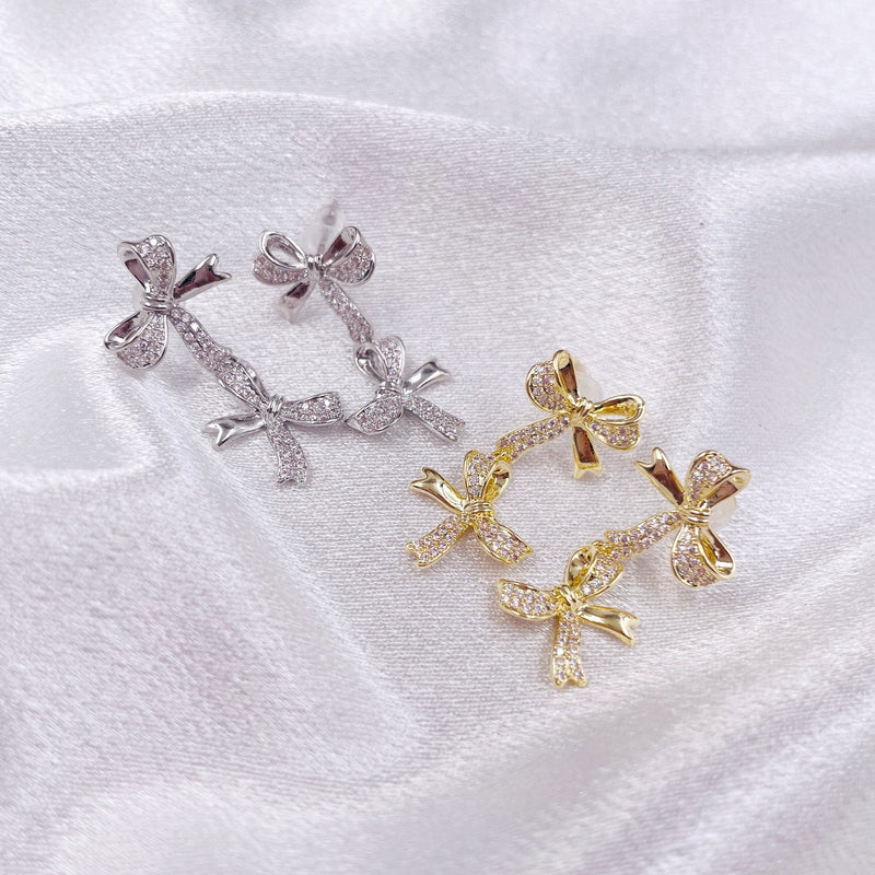 Double Rhinestone Bows Long Earrings