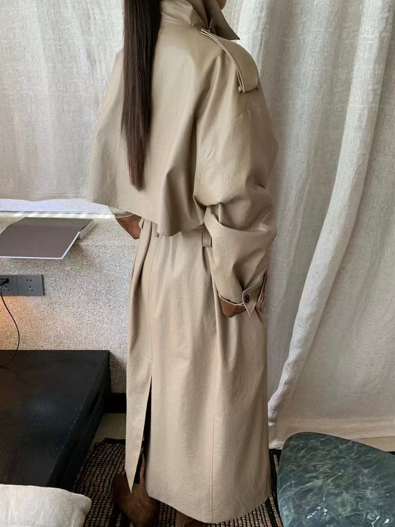 Shiny Long Trench Coat with Contrasting Cuff