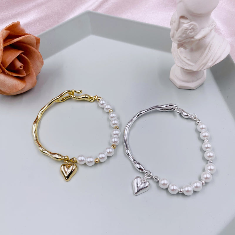 Half Pearls Half Bangle with Heart Bracelet