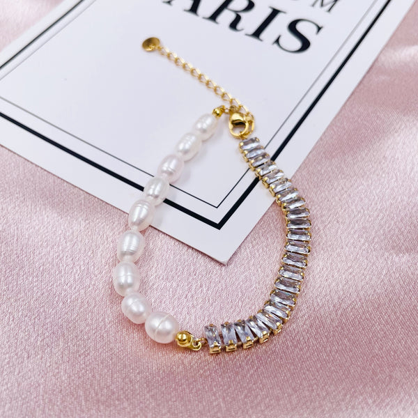 Half Rectangle Rhinestones Half Pearls Bracelet