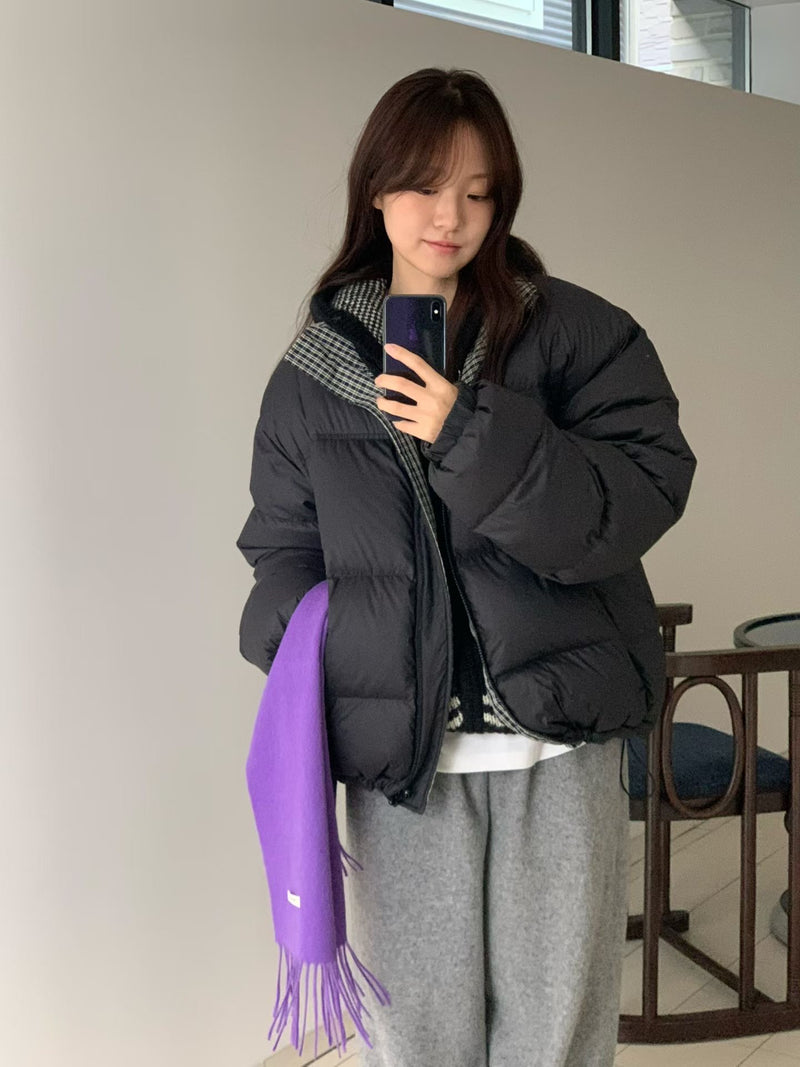 Reversible Checker Down Jacket with Drawstring