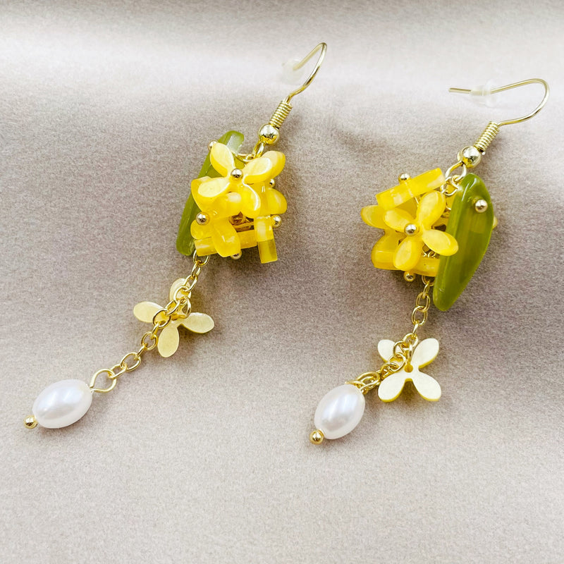 Yellow Flower with Leaf Long Earrings