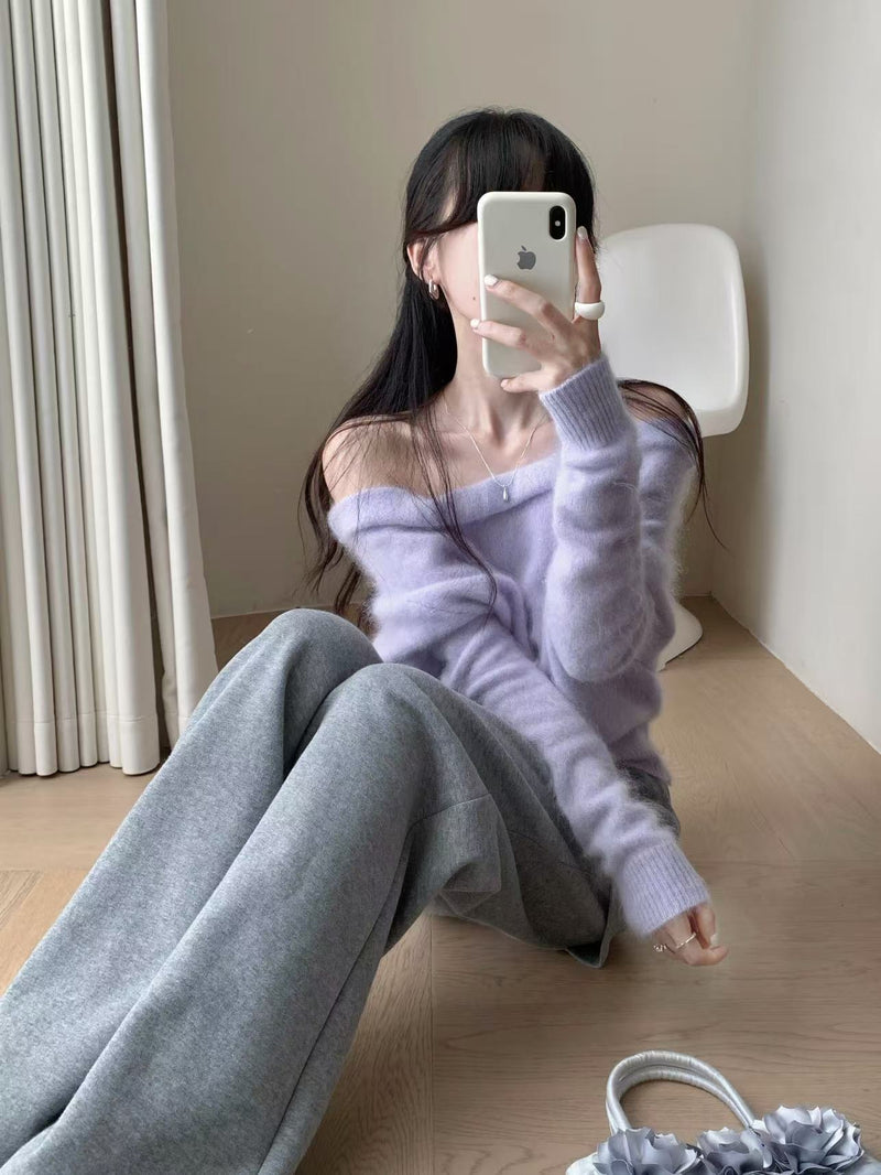 Fold Over Off Shoulder Wool Sweater