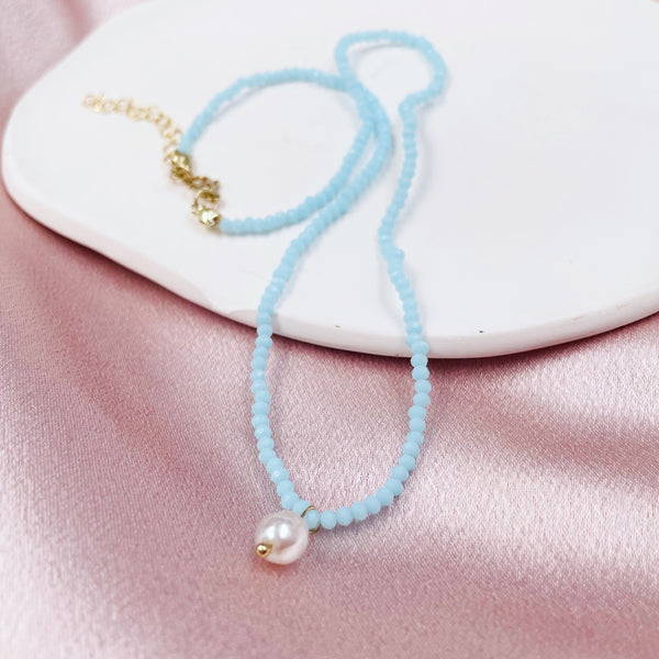 Blue Beads with Pearl Drop Necklace
