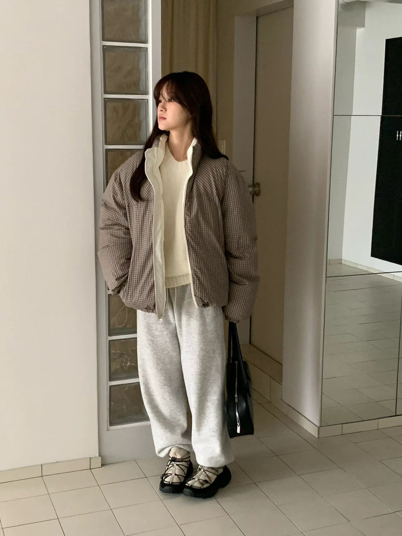 Reversible Checker Down Jacket with Drawstring