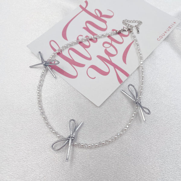 Mini Pearls with Silver Bows Necklace