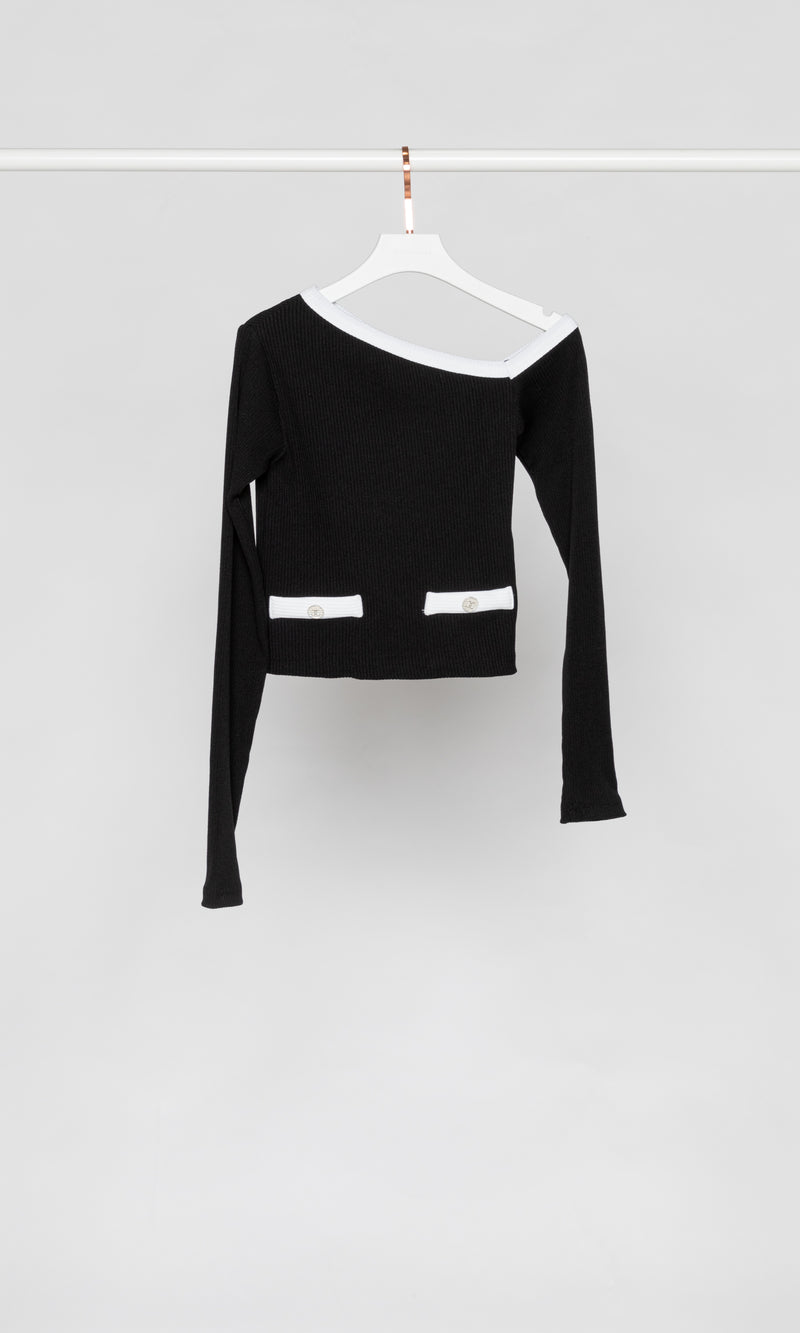 Slanted Shoulder Ribbed Fitted Top
