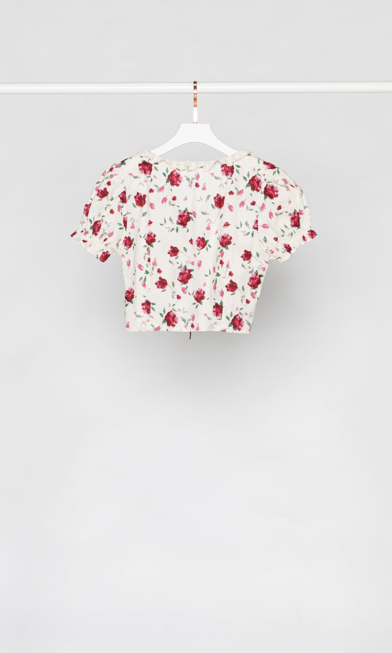 Red Flower with Lace Trim Neckline Crop Top