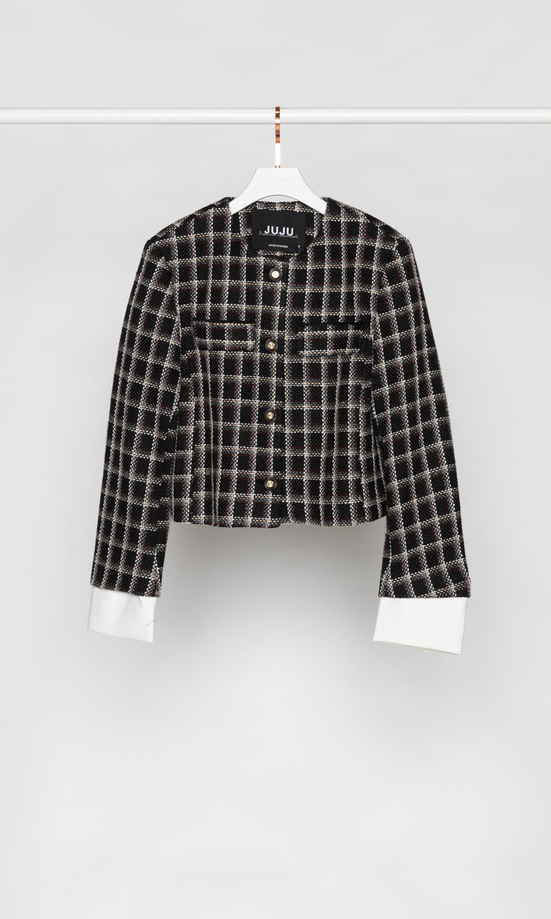 Checker with Sleeve Panels Tweed Jacket