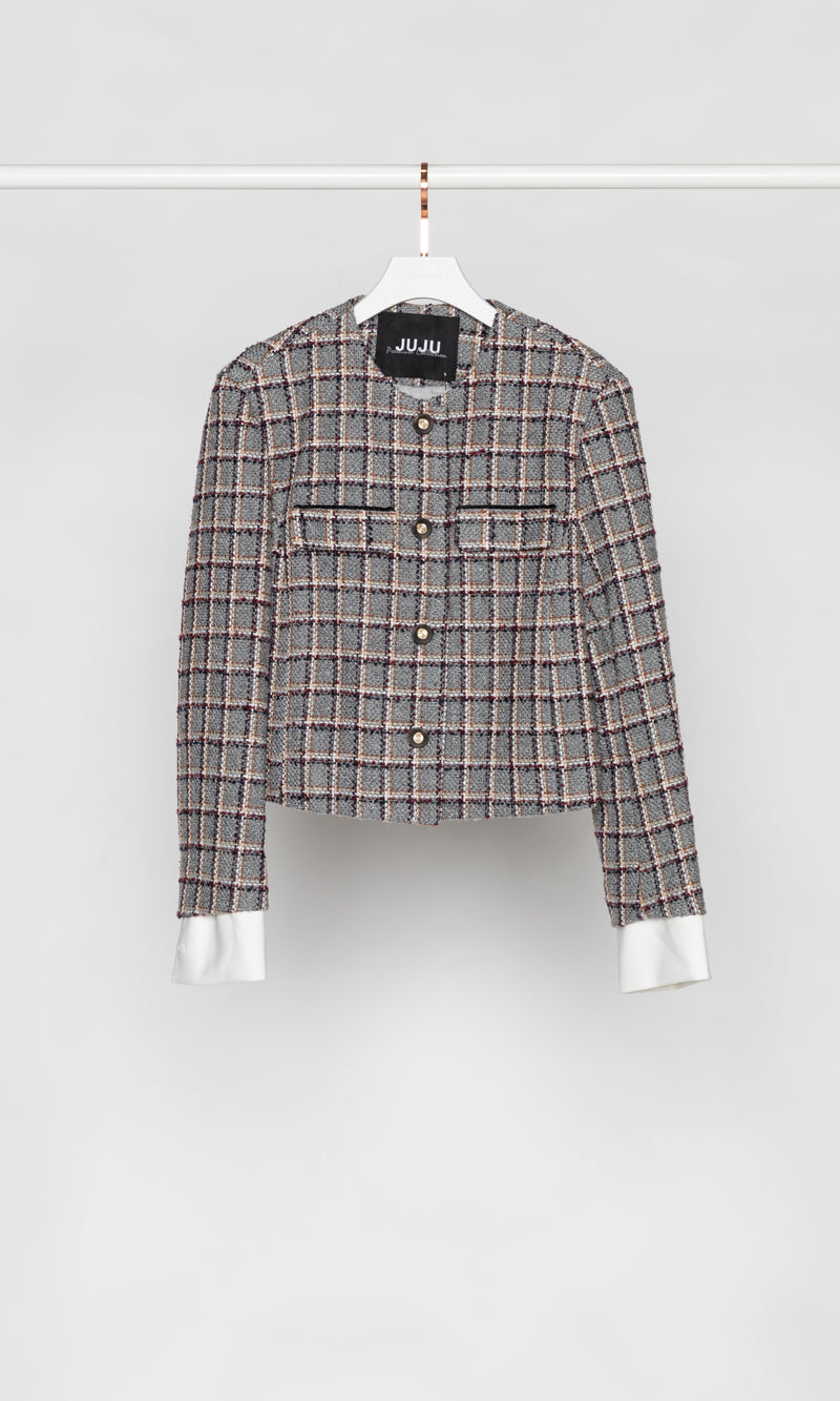Checker with Sleeve Panels Tweed Jacket