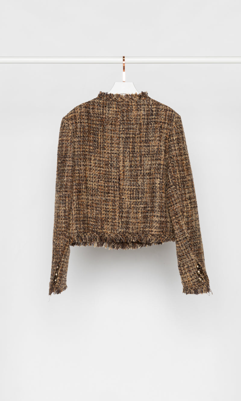 Brown Checker Fray Hem Tweed Jacket