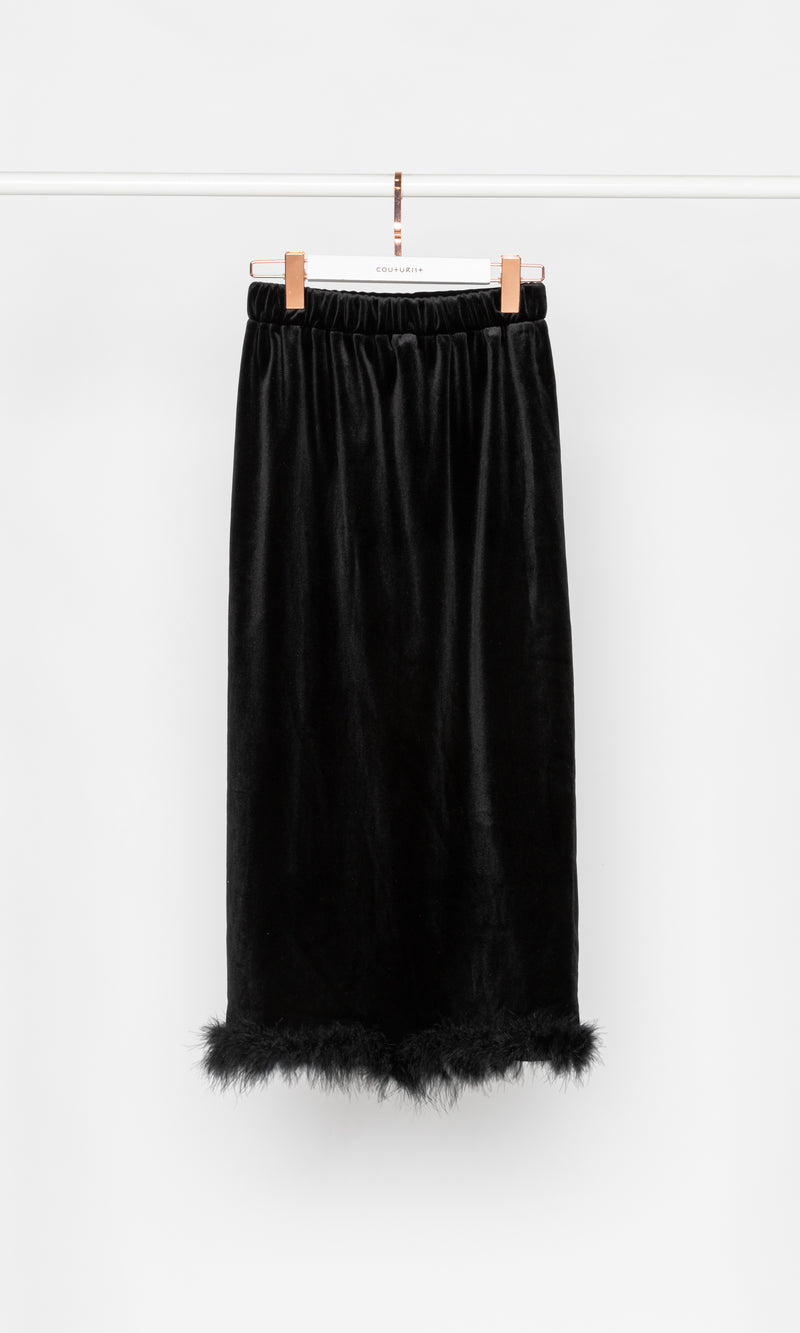 Fur Trim Velvet Maxi Skirt