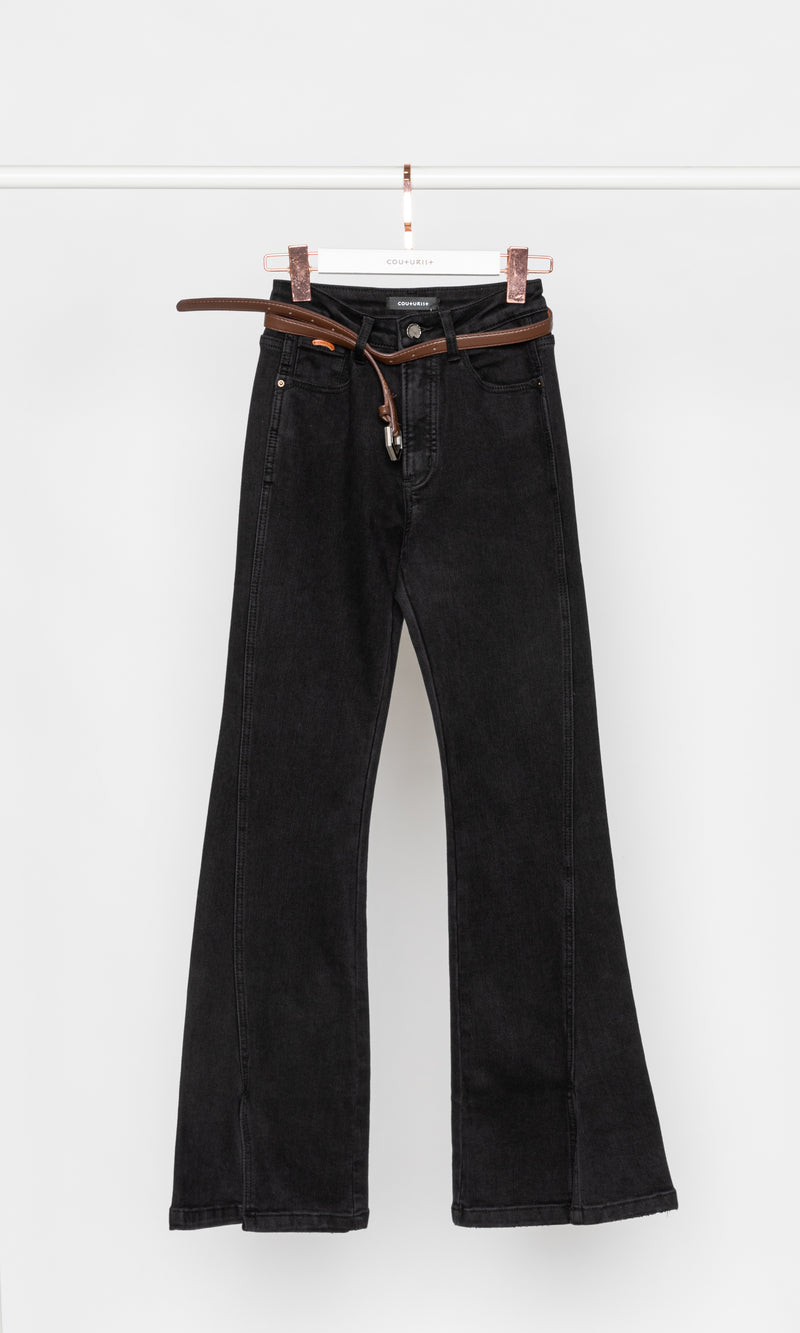 Front Slits Flare Jeans with Belt