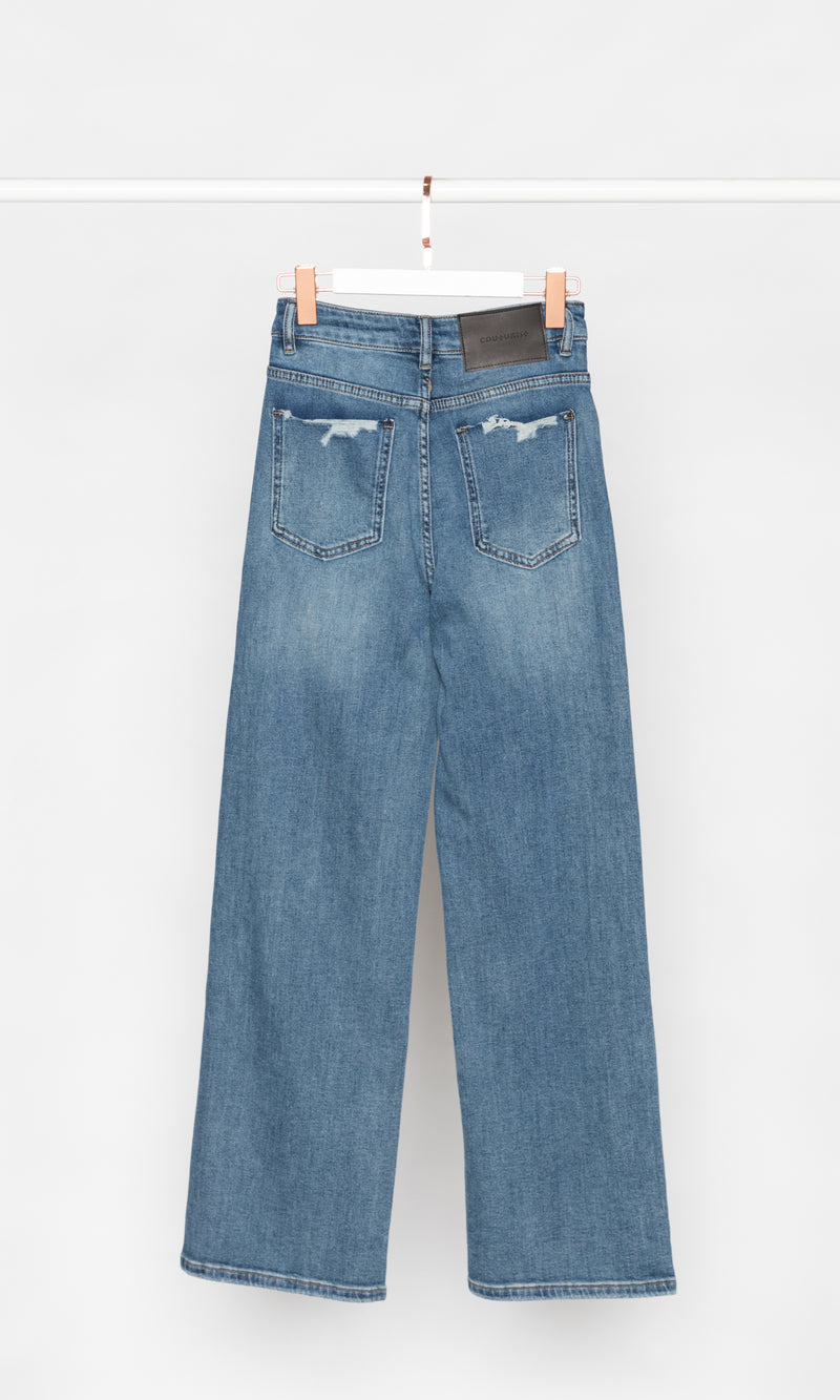 Contrasting Pocket Blue Wide Leg Jeans