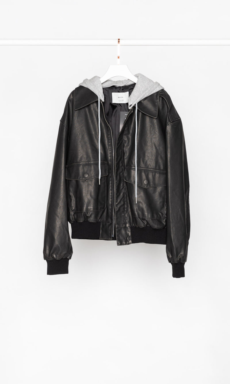 Oversized Leather Jacket with Detachable Hood