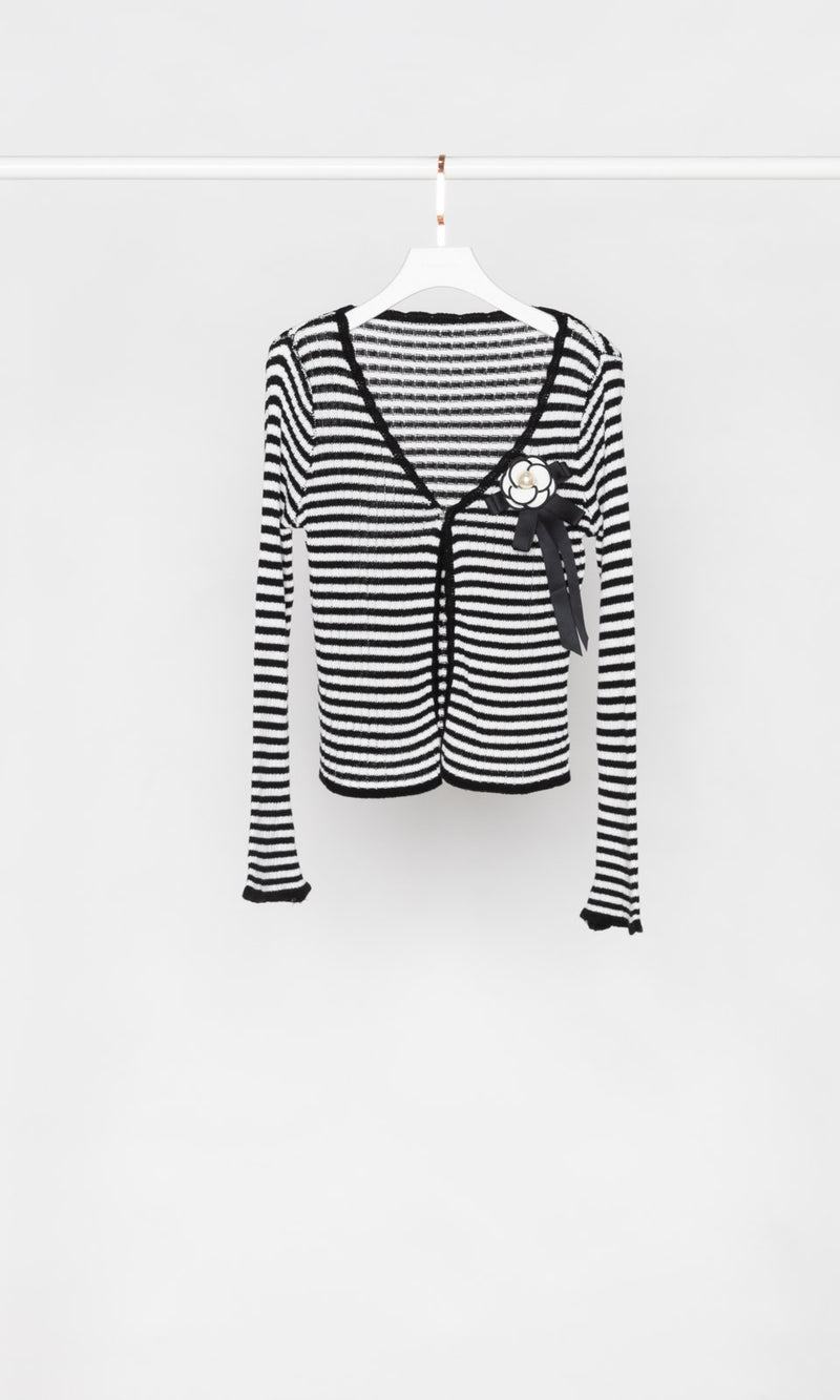 Stripe Cardigan with Flower Brooch