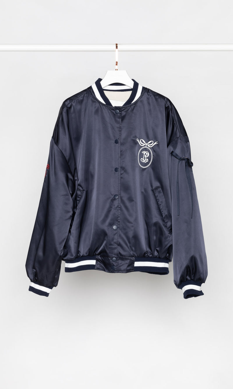 Side Ribbons Fleece Lining Satin Varsity Jacket