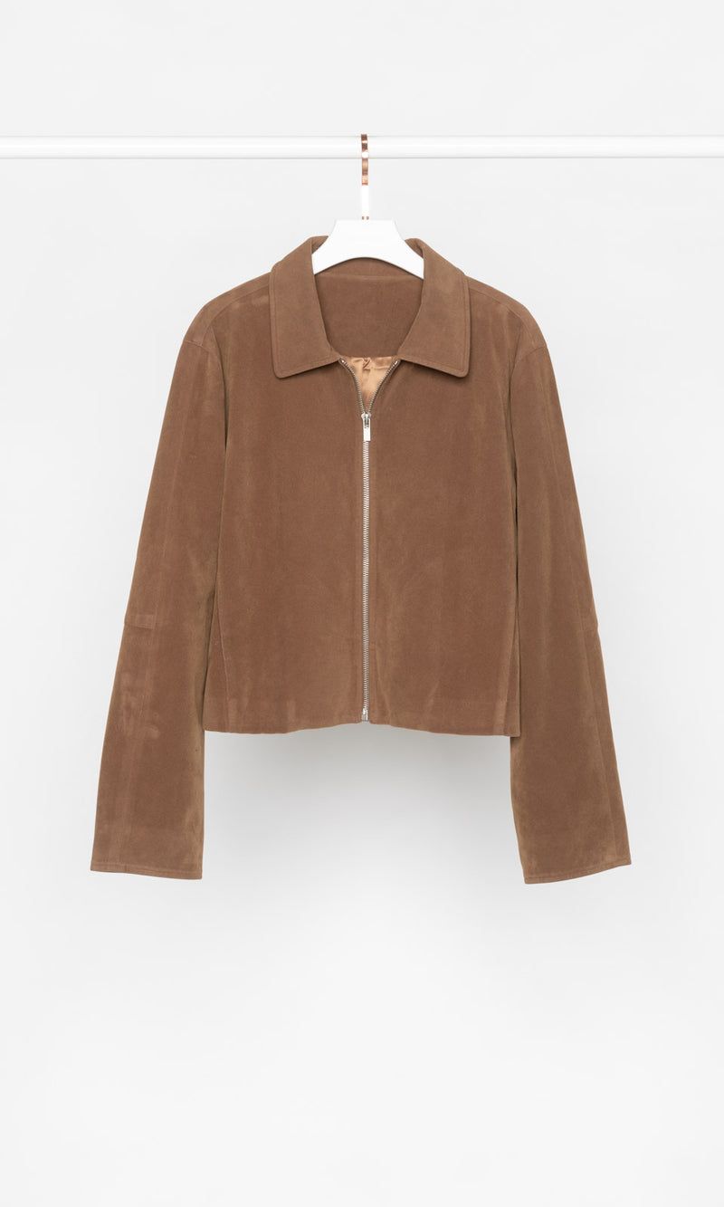 Suede Leather Slight Crop Zip-up Jacket