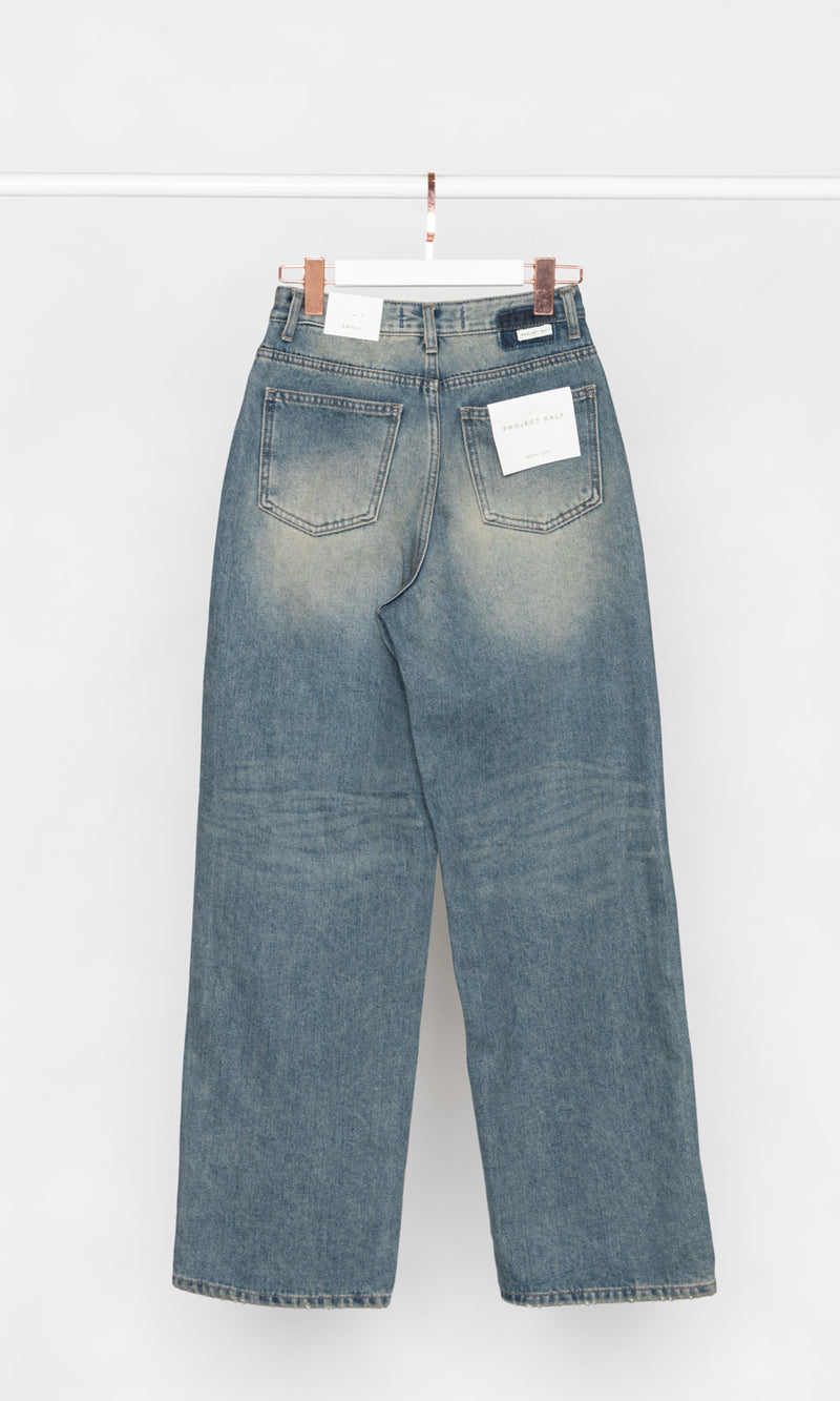 High-waisted Washed Blue Wide Leg Jeans with Fleece Lining