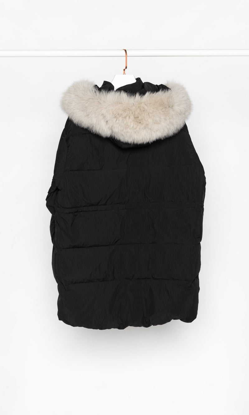 Mid Length Draw Waist Down Jacket with Fur Hood