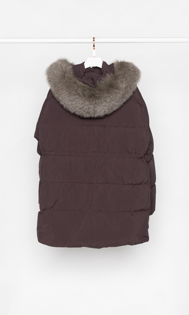 Mid Length Draw Waist Down Jacket with Fur Hood