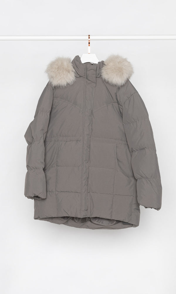 Mid Length Draw Waist Down Jacket with Fur Hood