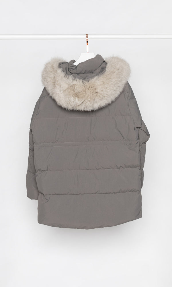 Mid Length Draw Waist Down Jacket with Fur Hood