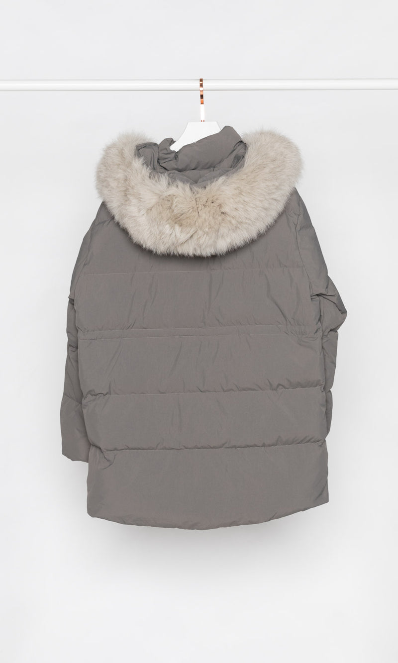 Mid Length Draw Waist Down Jacket with Fur Hood