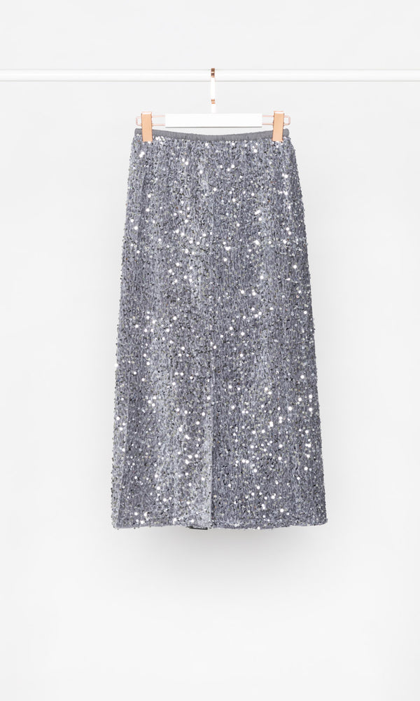 Sparkly Sequins Midi Skirt with Back Slit