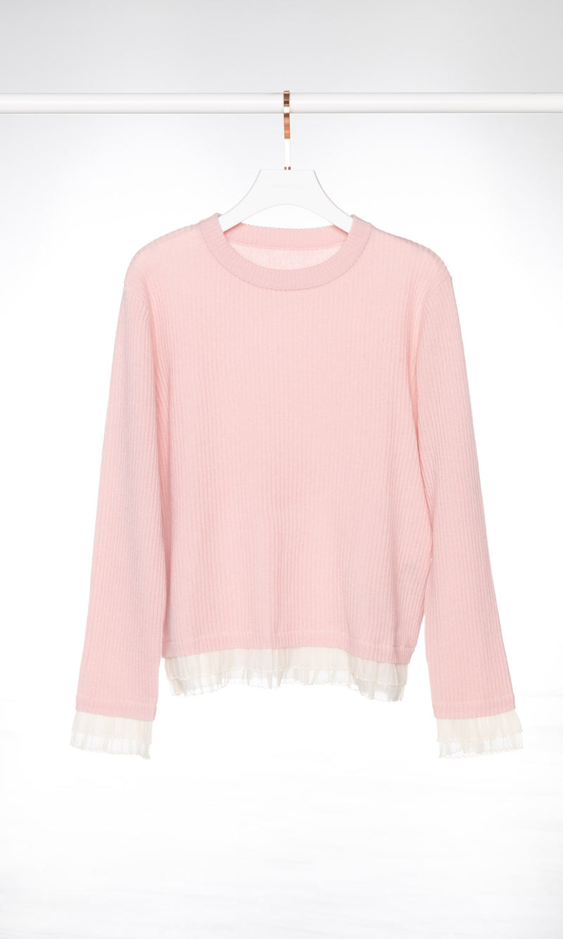 Ruffle Tulle Cuffs Ribbed Sweater