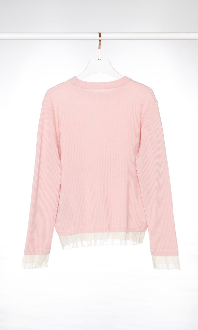 Ruffle Tulle Cuffs Ribbed Sweater