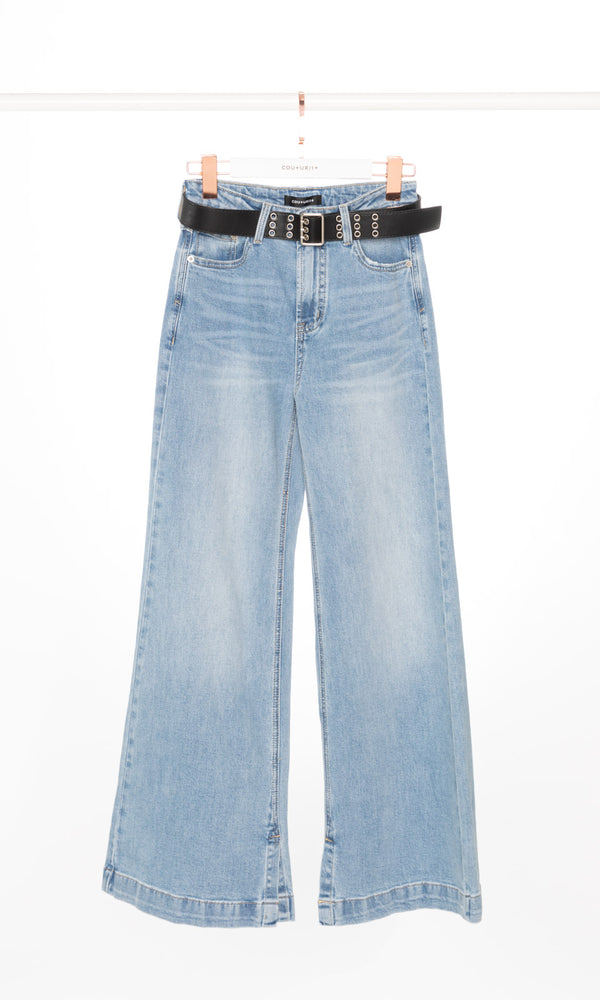 Inside Slits Wide Leg Jeans with Belt