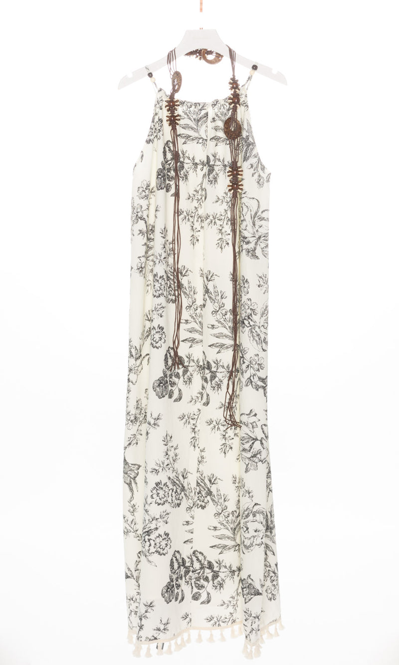 Flower Print Tassel Hem Maxi Dress with Belt