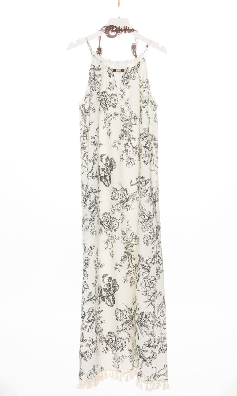 Flower Print Tassel Hem Maxi Dress with Belt