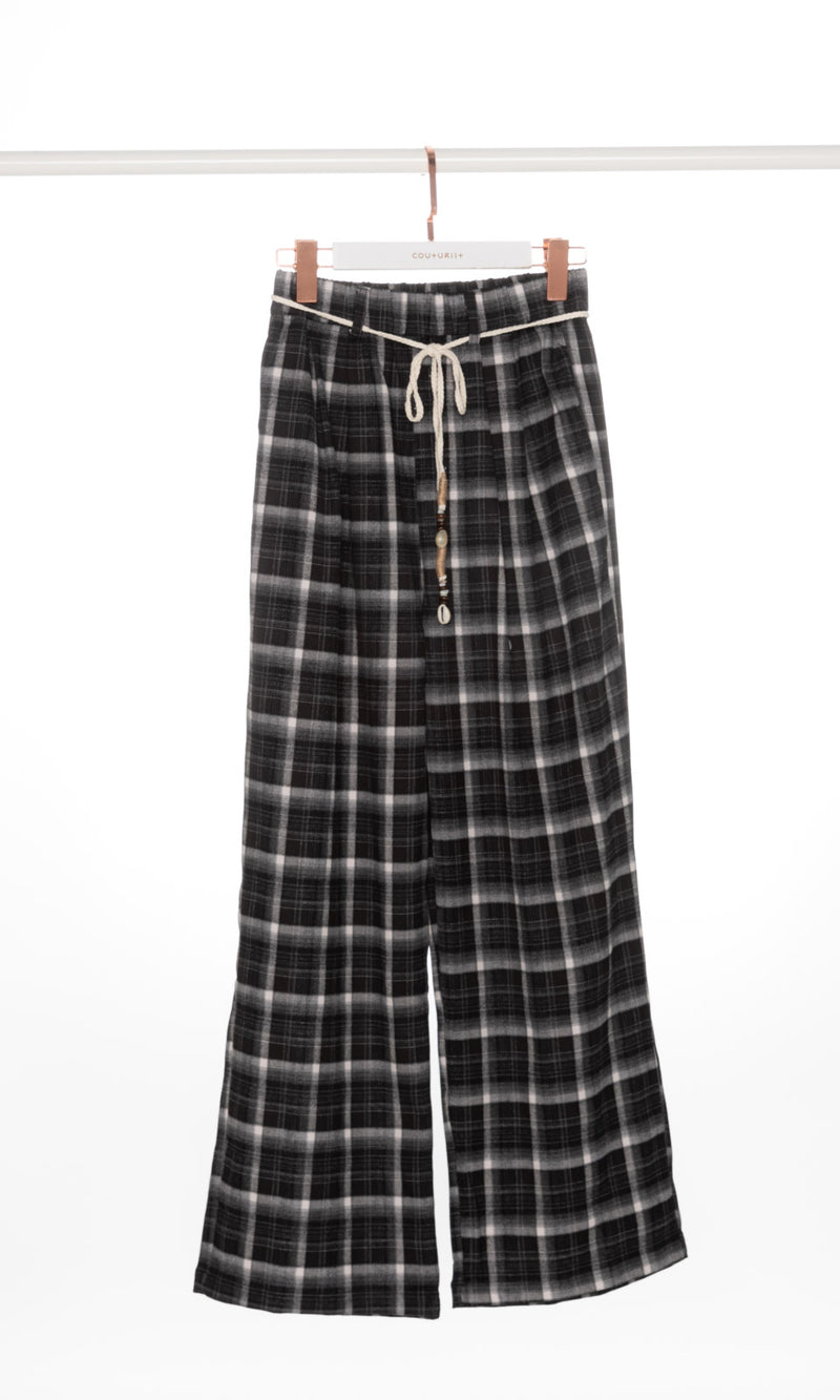 Checker Wide Leg Pants with Belt