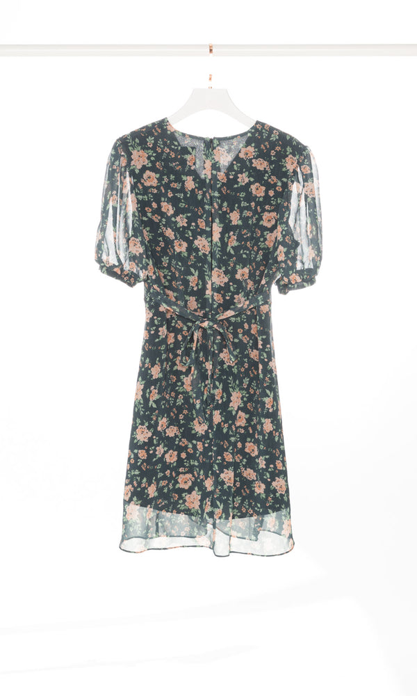 V-neck Floral Mini Dress with Puffy Sleeves