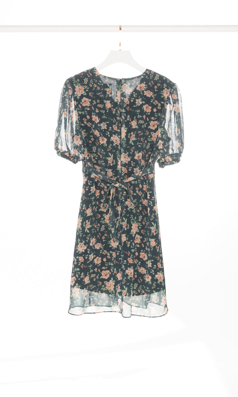V-neck Floral Mini Dress with Puffy Sleeves