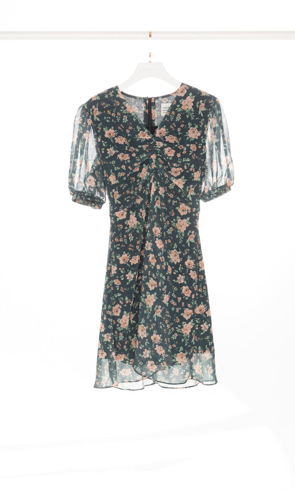 V-neck Floral Mini Dress with Puffy Sleeves
