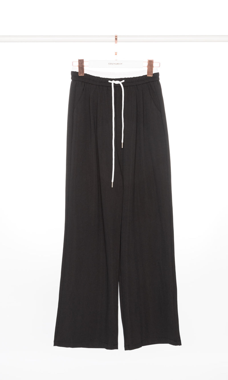 Contrasting Waist Band Wide Leg Pants
