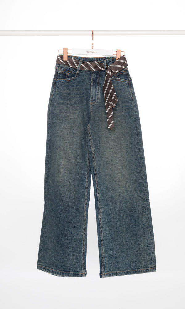 Wide Leg Jeans with Stripe Scarf Belt