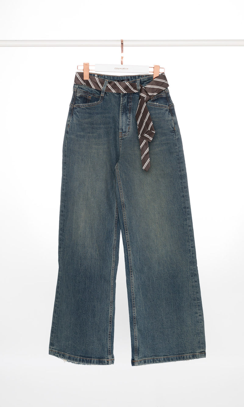 Wide Leg Jeans with Stripe Scarf Belt