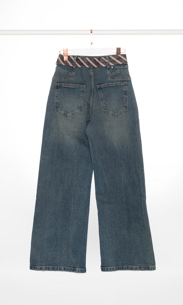 Wide Leg Jeans with Stripe Scarf Belt