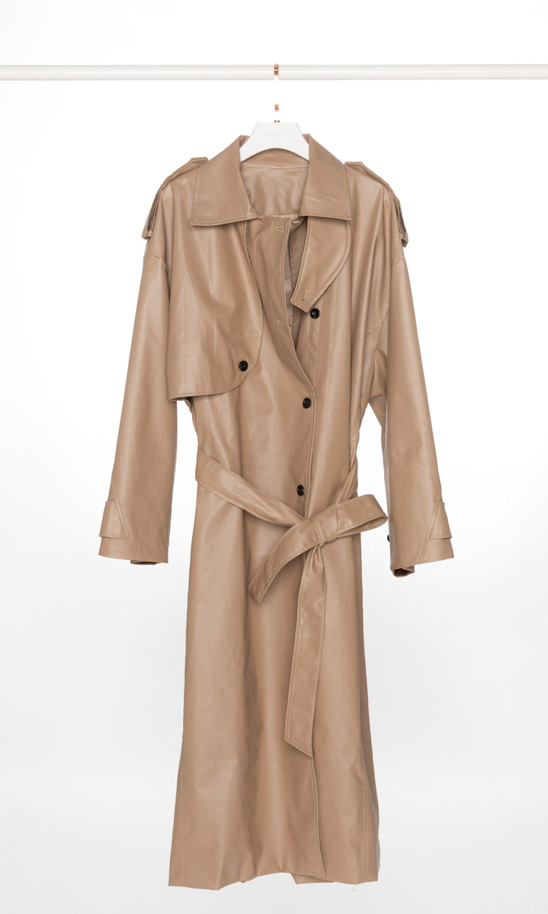 Shiny Long Trench Coat with Contrasting Cuff